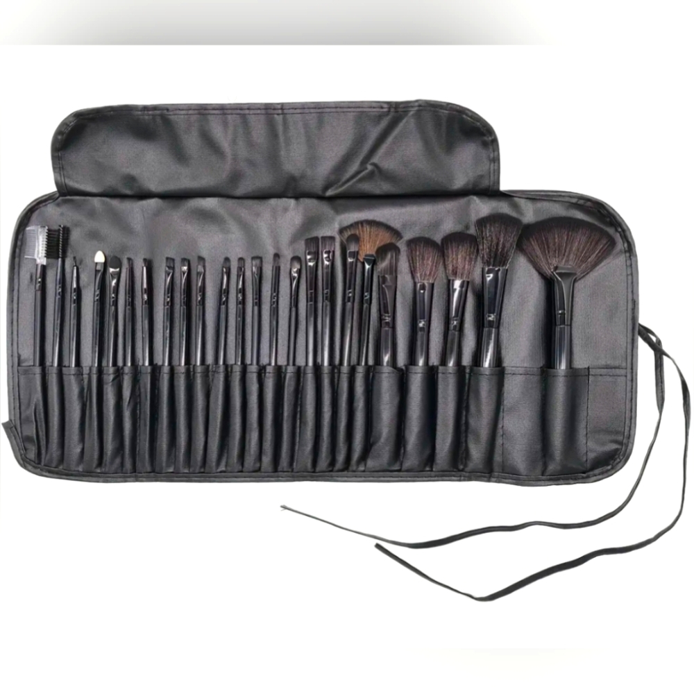 24pcs Black on Black Professional Makeup Brush Set w/ Roll Up Storage Bag